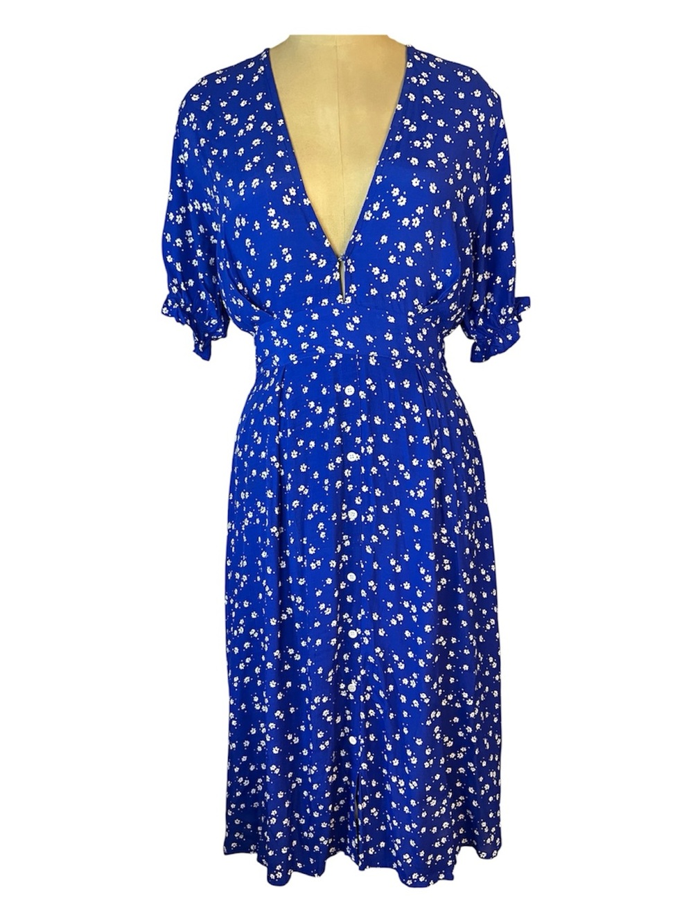Faithful the Brand Tradwife Retro Blue DaisynV-Neck Women's Dress